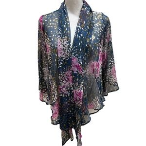 Pure Sugar 100% Silk Gray & Pink Kimono Wrap w/ Sleeves Open Front Sz XS